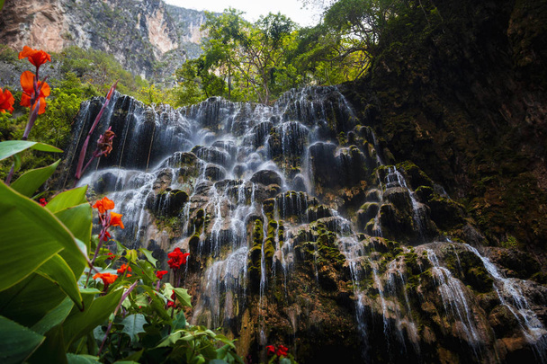 Водоспади, печери і річка в Тоантонґо, Ідальґо. Він відомий своїми красивими пейзажами гарячих джерел, ідеальне місце для відпочинку в Мексиці - Фото, зображення
