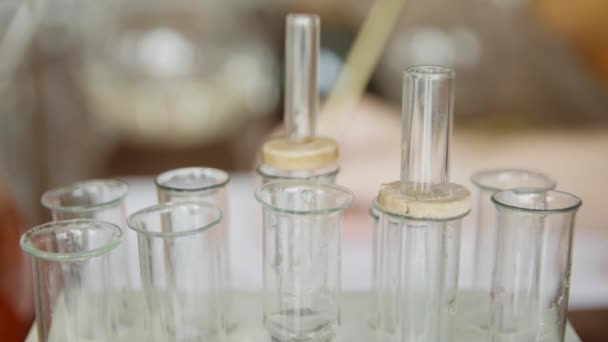 V univerzitní laboratoři studuje student s pipetou kapalinu ve zkumavkách. Koncepce: výzkum, biochemie, studium, chemik - Záběry, video