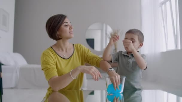 Laughing mother and son spend time together playing at home in the apartment. Happy family. Bright interior of the apartment. - Metraje, vídeo