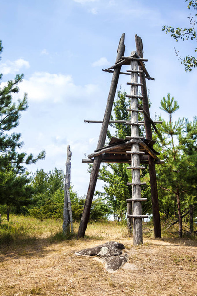 Antigua torre de vigilancia de madera cosaca en el borde del bosque
  - Foto, Imagen