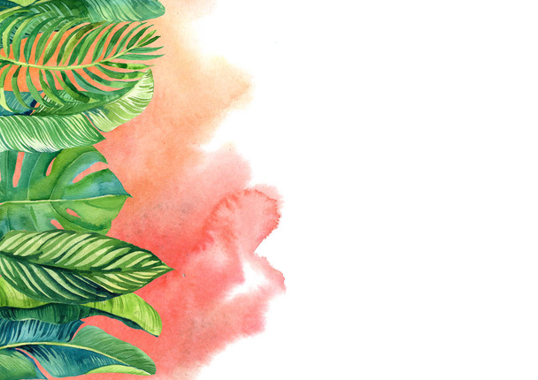 card with illustration of tropical leaves on pink blurred watercolor background - Foto, afbeelding