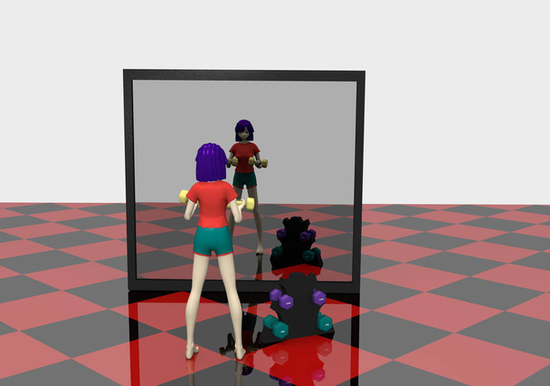 3d menina está exercendo com halteres na frente de um grande espelho
. - Foto, Imagem