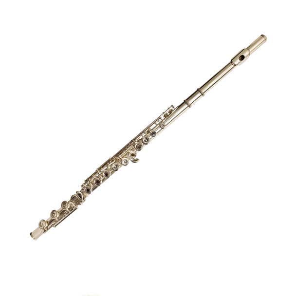 Ізольована професійна срібна флейта на білому
 - Фото, зображення