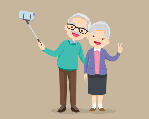  Casal de idosos fazendo foto selfie com smartphone
 - Vetor, Imagem