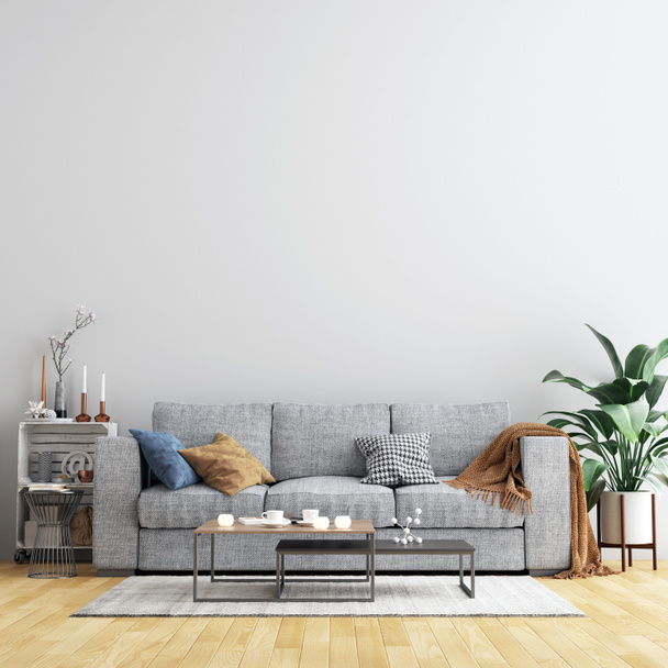 Interior Living Room Wall Background Mockup with Furniture and Decoration - Photo, Image