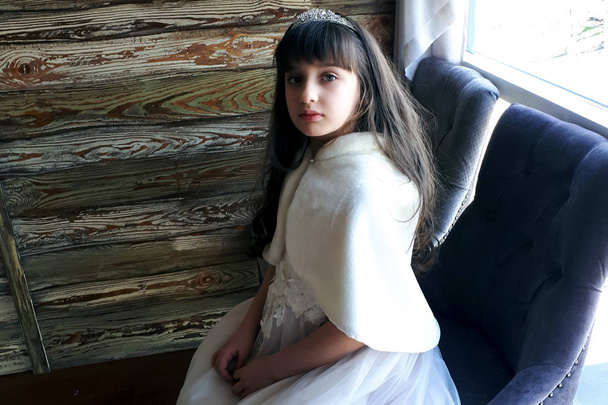 Beautiful teen girl posing near a window on the background of wooden texture. - Φωτογραφία, εικόνα