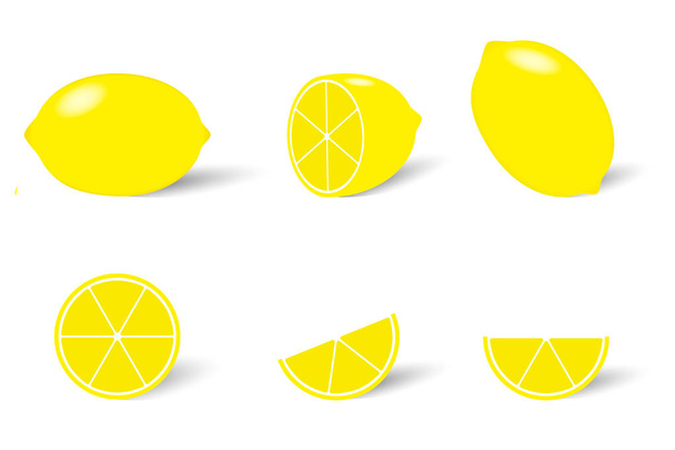 Juicy ripe yellow lemons vector image, whole and slices - Вектор,изображение