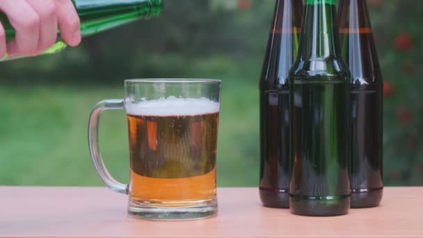 テーブルの上のボトルからグラスにビールを注ぎます。アウトドールリラックス. - 映像、動画