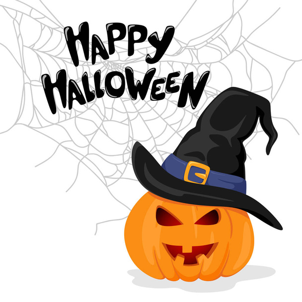 Happy Halloween napis Odrę, napisany tekstem. Cobweb z dynią w kapeluszu czarownicy. Ilustracja wektorowa - Wektor, obraz
