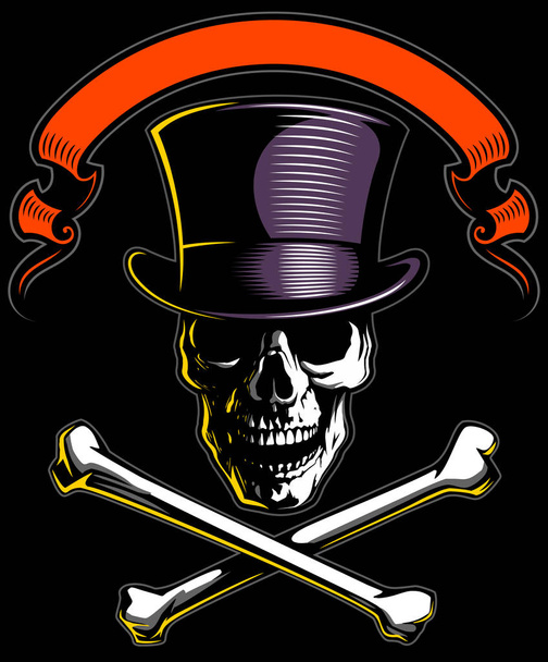 Vector vintage style skull in the dark, with cylinder hat and crossbones, with the red ribbon at the top, isolated on black background. - ベクター画像