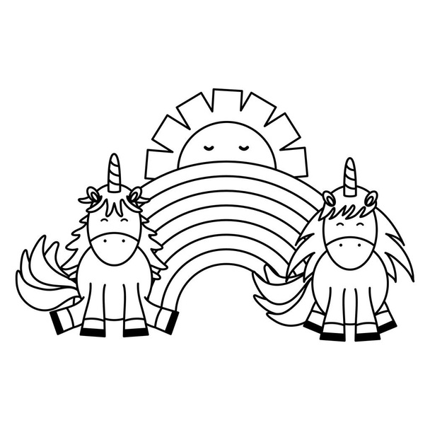 cute adorable unicorns with sun and rainbow kawaii characters - Vector, Image