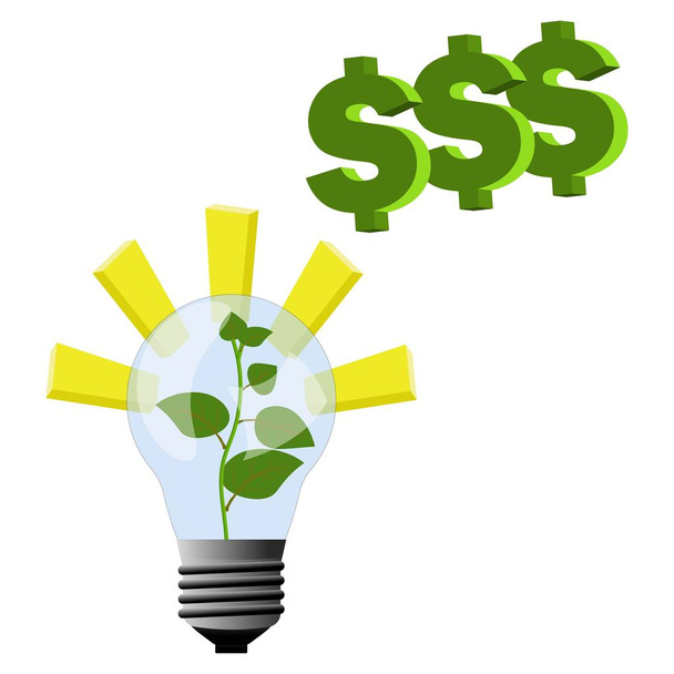 Pflanzen wachsen in der Lampe - Licht und Inspirationen für Geschäftsidee, Geld zu verdienen und nach oben zu wachsen - Vektor, Bild