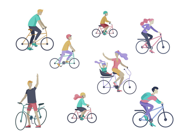 Молода жінка і чоловік їдуть на велосипеді в парку, сім'я і друзі їздять на велосипедах. Мама, тато і діти на велосипедах у парку їздять на велосипеді разом. Спортивна активність на свіжому повітрі. Мультфільм вектор
 - Вектор, зображення