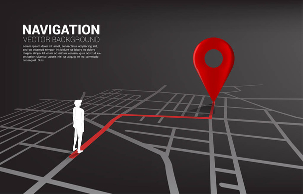 Rota entre marcadores de pino de localização 3D e empresário no mapa da estrada da cidade. Conceito para infográfico do sistema de navegação GPS. - Vetor, Imagem