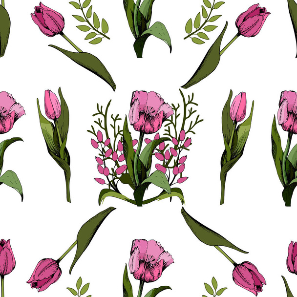 Fondo sin costuras con tulipanes de color rosa. Ilustración vectorial. Fondo floral sin costuras con tulipanes coloridos. Modo de primavera.La textura de la tela, el diseño de paquetes de regalo. Gráfico vectorial
 - Vector, imagen