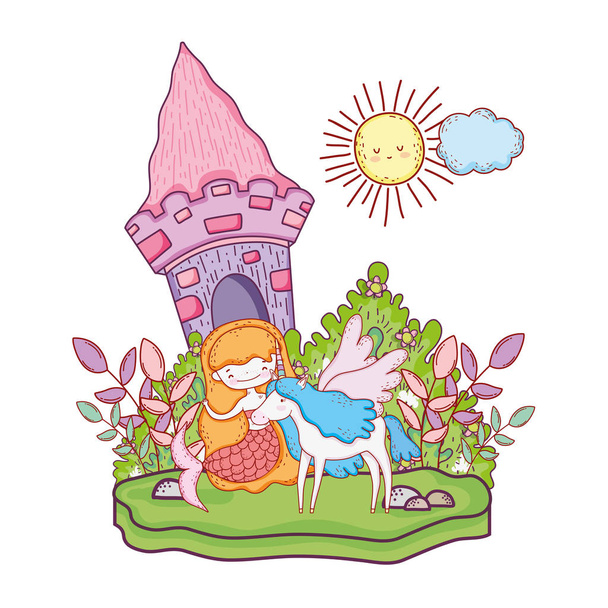 sereia com unicórnio e castelo na paisagem
 - Vetor, Imagem
