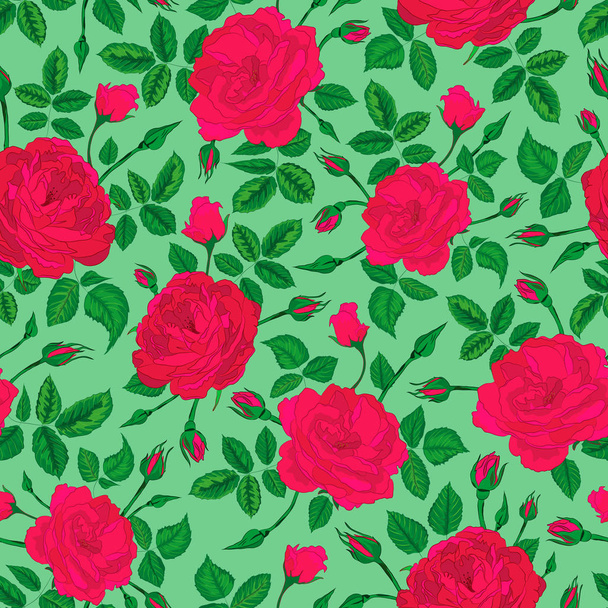 vector illustartion. pink rose bushes forest with leaves and buds. seamless repeat pattern. light green background. best for home furnishing, apparels, packaging and home decor. - Vektor, Bild
