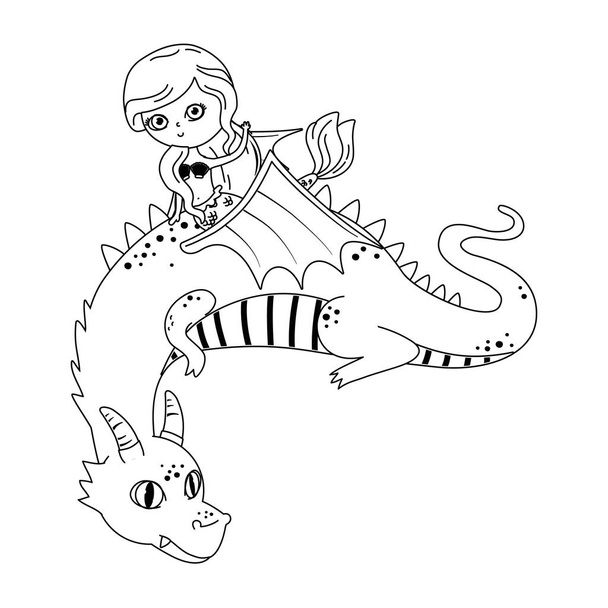 Mermaid és sárkány a mesebeli design vektor illusztráció - Vektor, kép