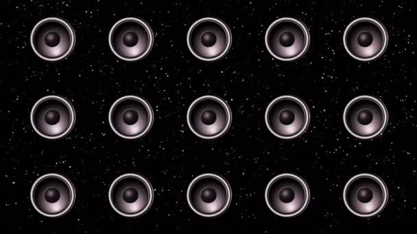 Abstraktní animovaná ilustrace s pulzujícím krupovými objekty, které jsou stylizované jako zvukové reproduktory v tmavém prostoru s pohybujícími se částicemi - Záběry, video