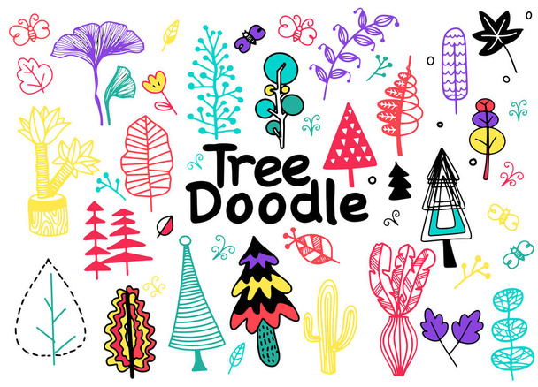 El çizmek ile ağaç seti Doodle, karalama orman soyut silh - Vektör, Görsel