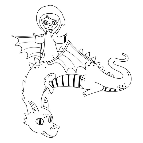 Середньовічна відьма і дракон казки Векторна ілюстрація дизайну - Вектор, зображення