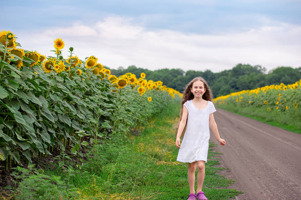 Pretty girl walking on the road along the field sunflower. - Фото, изображение