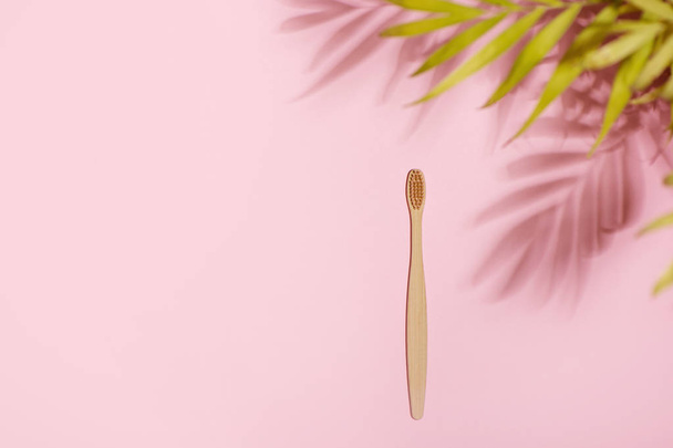 ピンクの背景に熱帯の葉を持つ竹の歯ブラシ。トップビュー. - 写真・画像