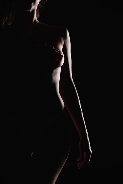 rajattu näkymä seksikäs alaston nainen seisoo ja peittää rinnat eristetty musta
  - Valokuva, kuva