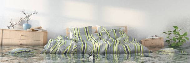 3D render-su damager-Iskandinav yatak odası - Fotoğraf, Görsel