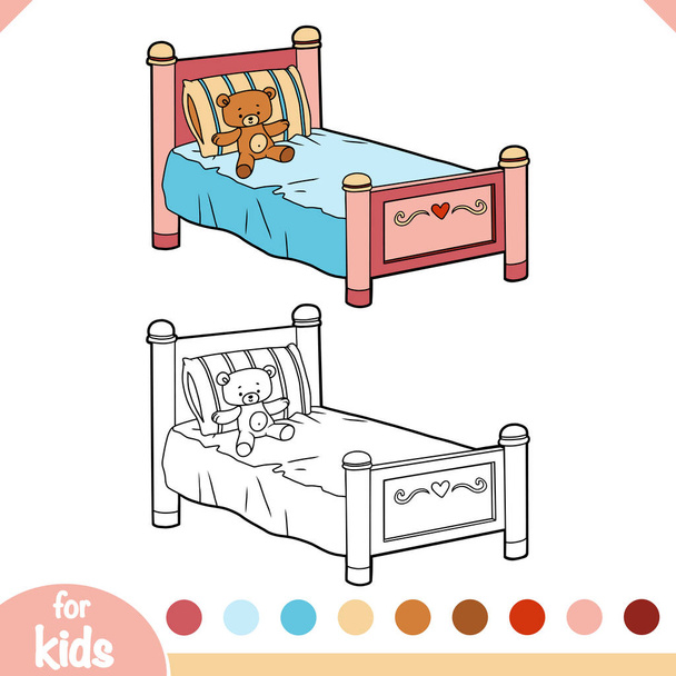 Kolorowanka, łóżko dla dzieci z poduszką i niedźwiedź zabawka - Wektor, obraz