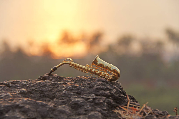 Zlatý altsaxofon leží na černém kameni, na pozadí - Fotografie, Obrázek