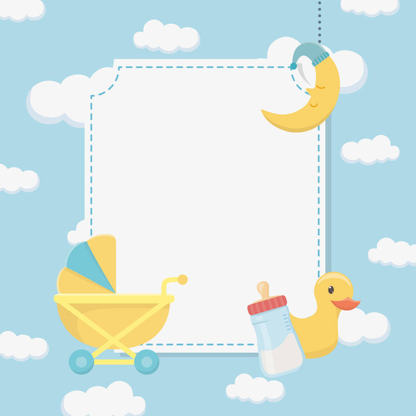 Babyduschkarte mit Gummiente und Zubehör - Vektor, Bild
