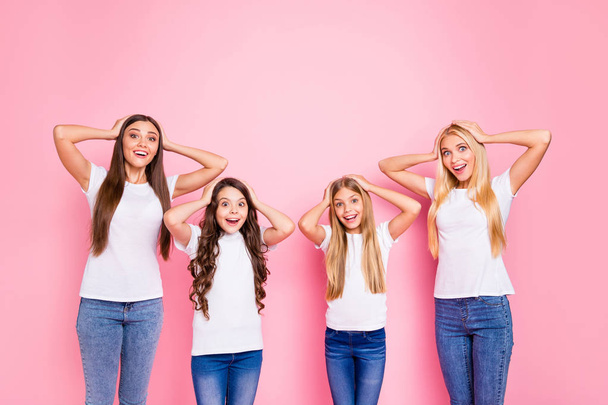 Photo of different age overjoyed ladies wear casual outfit isolated pink background - Foto, immagini