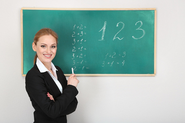 Portrait of teacher woman near chalkboard in classroom - Фото, зображення