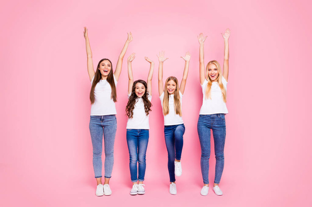 Full length photo of four different age ladies having fun wear casual outfit isolated pink background - Фото, изображение