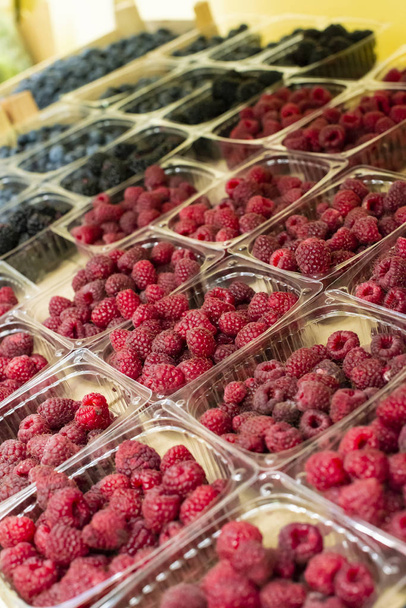 Raspberries and blueberries on shelf in the market. - Photo, Image