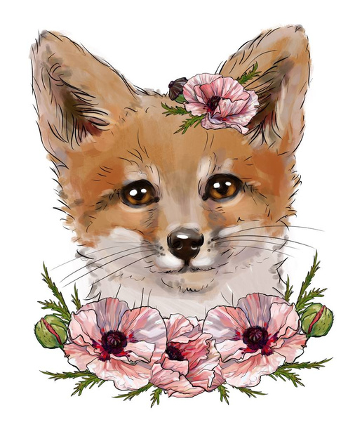 κόκκινη αλεπού σε χρώματα σε λευκό φόντο, ένα χαριτωμένο ζώο σε παιώνιες, εκτύπωση σε t-shirt, χίπστερ, εκτύπωση για προσωπική σχεδίαση. άγριο ζώο που σχεδιάζεται με το χέρι - Φωτογραφία, εικόνα