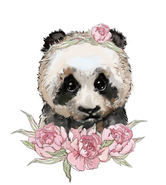 милая детская иллюстрация, панда, медведь в цветах, милая панда, лучшие отпечатки футболки. дикие животные
 - Фото, изображение
