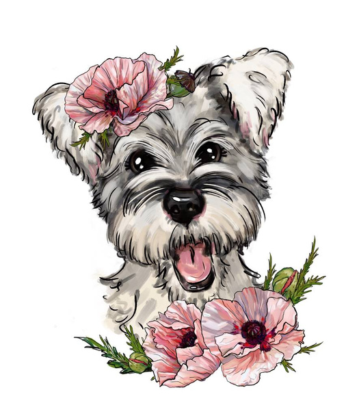 cute white dog in flowers. best t-shirt prints. West Highland White Terrier pink tender peonies. small, cute puppy, beautiful animals design - Photo, Image