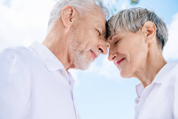 sorridente coppia di anziani toccare le fronti con gli occhi chiusi sotto il cielo blu
 - Foto, immagini