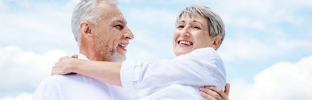 panoramic view of smiling senior man lifting wife under blue sky - Photo, Image