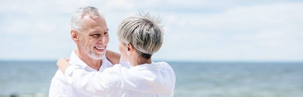 panoramic view of smiling senior couple embracing near river under blue sky - Photo, image