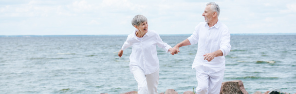 panoramic view of smiling senior couple holding hands and looking at each other near river under blue sky - Photo, Image