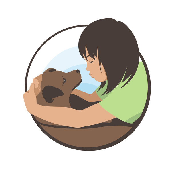 Het meisje knuffels haar geliefde hond en bewondert haar. Logo ontwerp. Stock vector illustratie - Vector, afbeelding