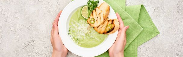 cropped view of woman holding plate with delicious creamy green vegetable soup with croutons near green napkin, panoramic shot - 写真・画像