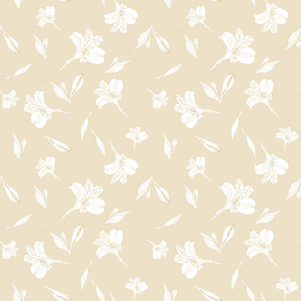 Seamless floral pattern. Pattern with white graphics flowers on beige background. Alstroemeria. Seamless pattern with hand drawn plants. Herbal Botanical illustration. - Zdjęcie, obraz