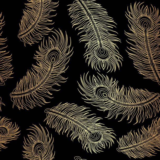 Oro tropicale pavone piuma modello senza cuciture su Backgrou nero
 - Vettoriali, immagini