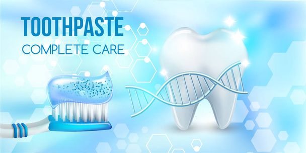 Dental concept .Healthy Tooth.Oral health ads.Blue plastic toothbrush with toothpaste.3D, realistic,dna structure, Dental design element for advertising, brochures and educational literature - Vektor, obrázek