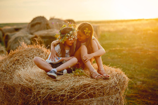 Прекрасные сёстры улыбаются на стогах сена
 - Фото, изображение