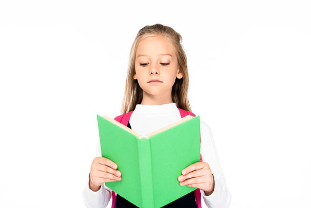 lindo, colegiala atenta lectura libro aislado en blanco
 - Foto, Imagen